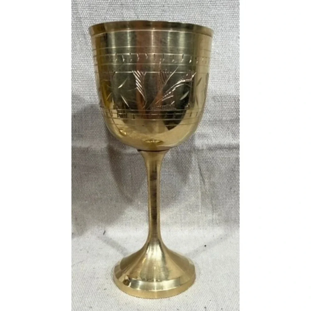 Vintage Etched Brass Goblets Set of 2 Floral Chalice Wine Cups 6.5in